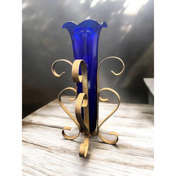 Vintage Cobalt Blue Ruffle Glass Bud Vase in Metal Scroll Stand 9" - Picture 2 of 7
